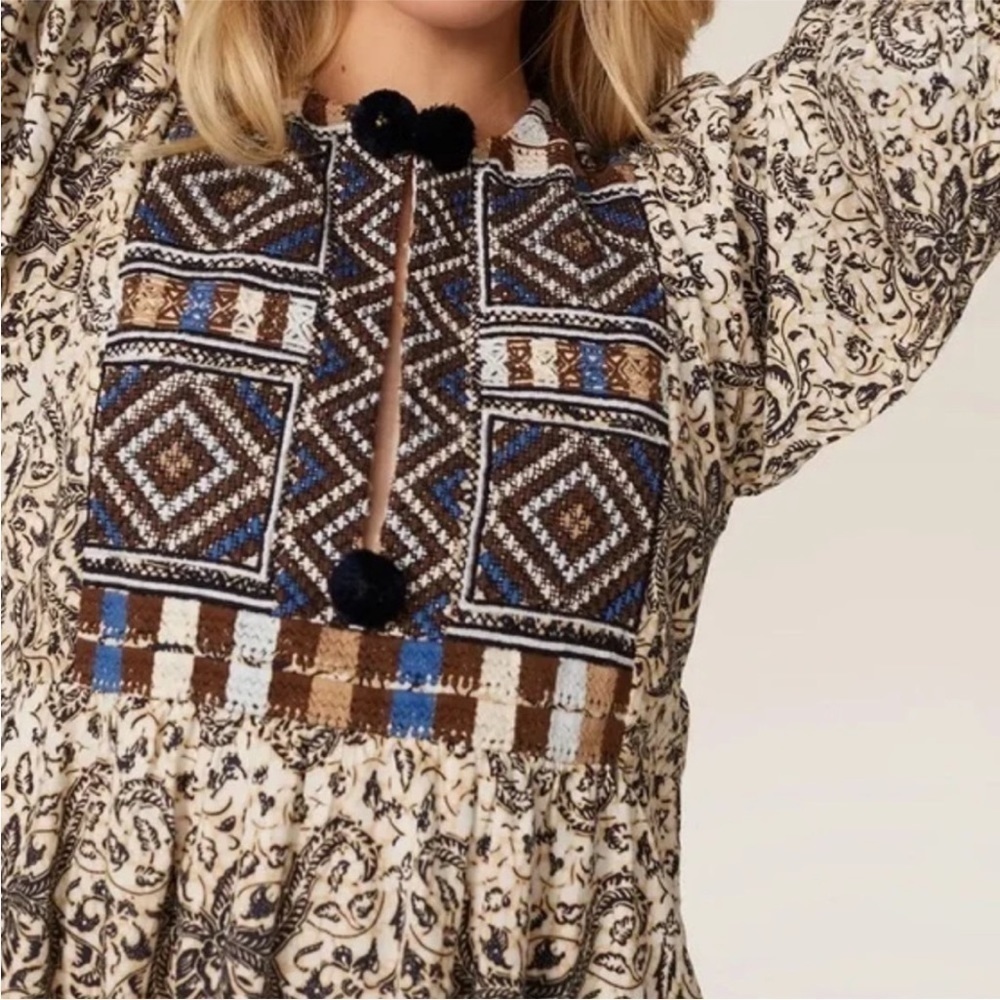 Figue Lucie Cotton Embroidered Boho Dress Istanbul Ivory Blue Pom Poms - Picture 2 of 8